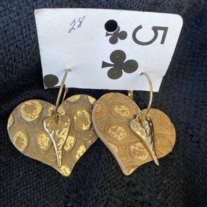 Brown & Gold Leather Heart Dangle Earrings NWT Rodeo Fashion Statement